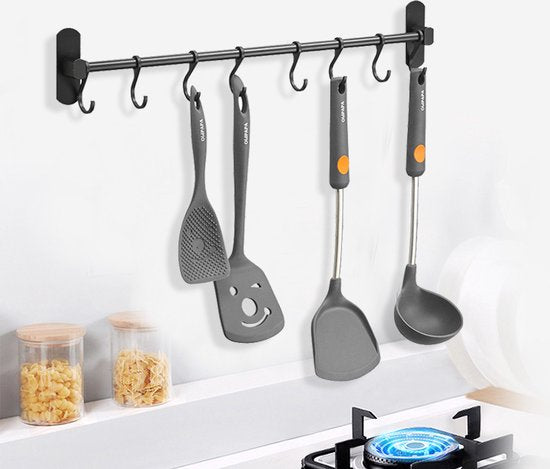 Ruimtebesparende Keukengerei Wandbeugel-keukengereihouder met 8haakjes-Aluminium Keukenrail -49.5CM-zwart