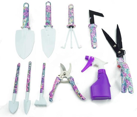 10-delige Tuingereedschapset met Paarse Bloemenprint