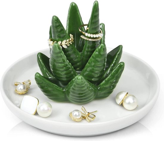 Keramische Cactus Sieradenhouders - Set van 2 - Ringhouders Groen/Wit