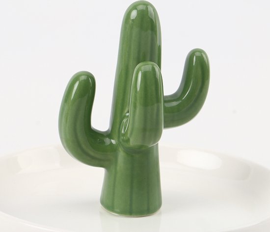 Set van 2 Keramische Cactus Ringhouders Groen/Wit