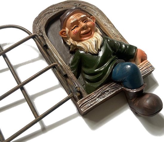 Charmante tuinkabouter met witte baard voor in de tuin - ophangbaar standbeeld van duurzame designerhars - 14,5x15x8cm