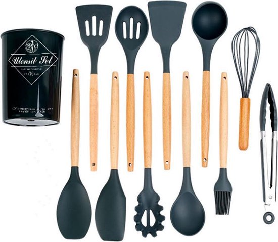 TDR - Kookgerei set met Houder 11-delig - Hout met Siliconen