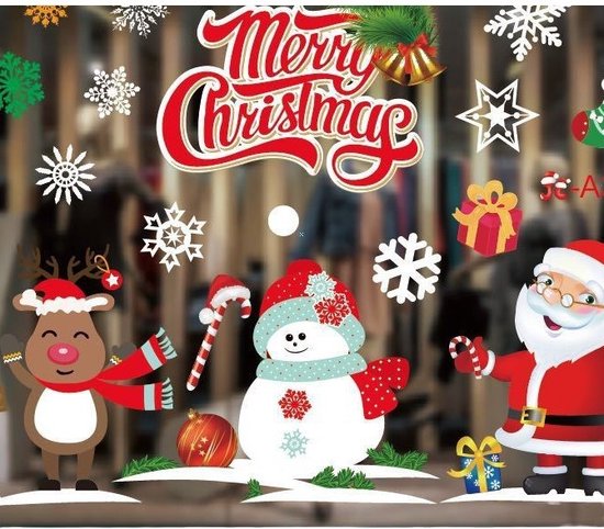 Kerst Raamstickers met Kerstman ,sneeuwvlokken en cadeautjes- Herbruikbaar & Statisch Hechtend - 50x35.5 cm