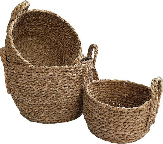 3-delige Natuurlijke Grasvezel Plantmanden Set - Stijlvolle Plantenhouders met Handgreep-Verrijk je Ruimte met Natuurlijke Elegantie - Duurzaam, Veelzijdig en Milieuvriendelijk Design-bruin