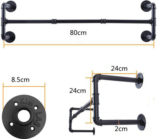 Muurbevestigde Kledingstang - 80cm - Draagvermogen 35kg - Zw