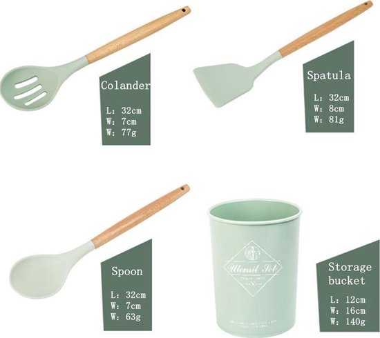 TDR - Kookgerei set met Houder 11-delig - Hout met Siliconen-lichtgroen