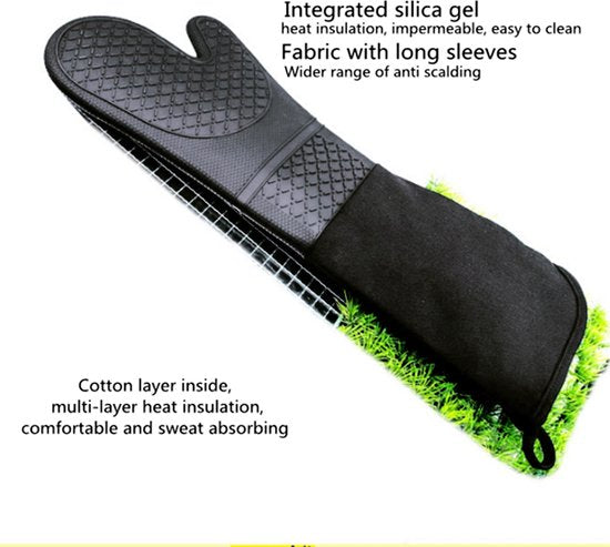 2 Stuks/1 Paar Siliconen Ovenwanten met Zachte Katoenen Voering , Extra Lange Hittebestendige Ovenhandschoenen Voor Bakken, Koken, Grillen-zwart