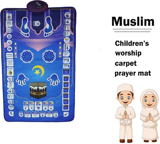 Multifunctionele Interactieve Educatieve Gebedsmat - Islamitische Educatief- Leer en Verfijn Salah Stap voor Stap met Aanraaktechnologie-blauw 111*71CM