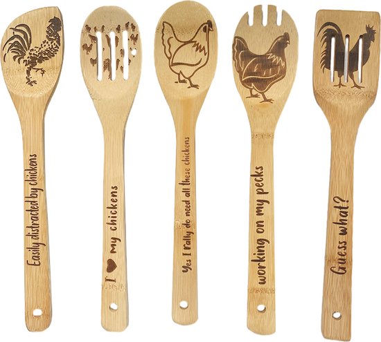 5-Delige Premium Bamboe kookgerei Set – Krasvrij & Hittebestendig met Unieke Kip Design