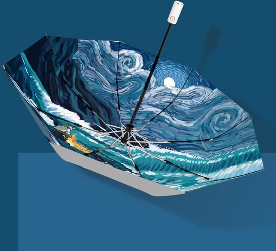 Opvouwbaar paraplu - Zonbescherming Anti-Uv UPF50 + -Windproof- Stevig paraplu - Automatisch -Van Gogh Ster zee print -zilver