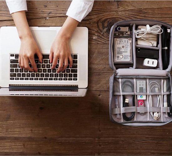 TDR - Kabel Tasorganizer -  Reis / Travel Organizer - voor datakabels, koptelefoon, oplader, etc - 25x19x10cm - Veel vakjes - Gadget - Grijs