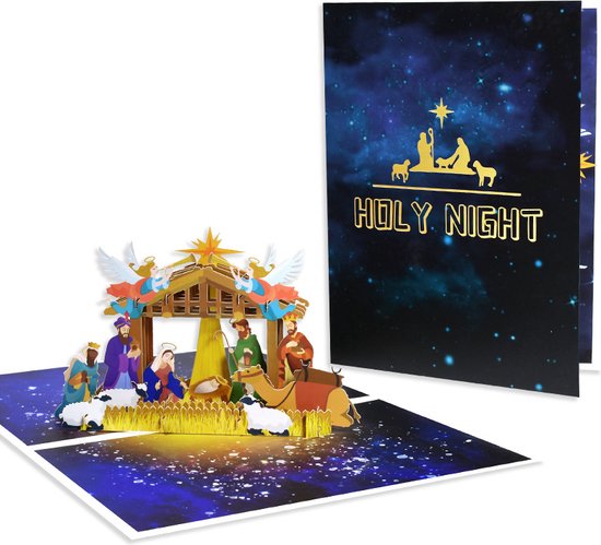 3D Kerstkaart Heilige Nacht – Luxe Pop-Up Kaart met Kerststal en Envelop