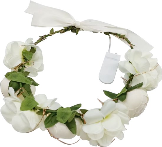 Elegante LED Bloemenkrans Hoofdband met 20 Warmwitte LED-Lampen-IP43- Perfect voor Feesten & Bruiloften-melkwit