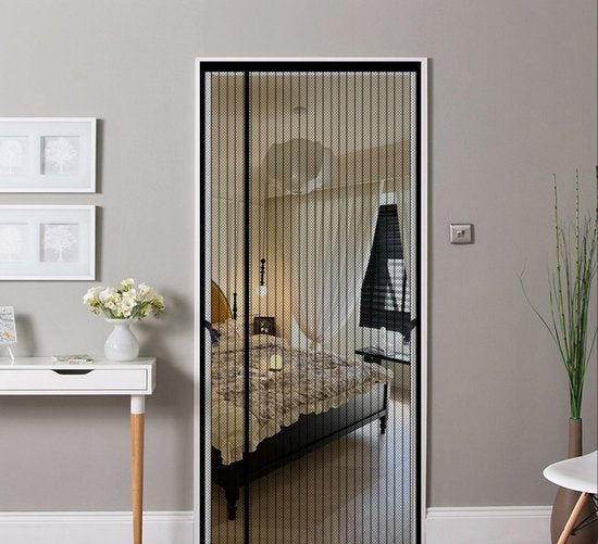Zelfklevend Hor Deurgordijn met Zijdelingse Opening – Vliegengordijn met Opbindlussen – Zonder Boren – Zwart Gestreept – 100 x 220 cm