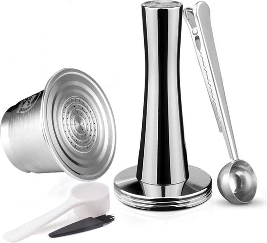 5 delige Herbruikbare RVS Nespresso Capsule Set met Tamper,