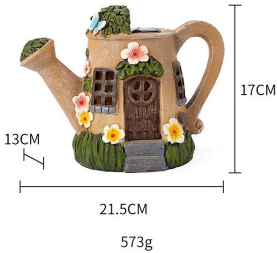 Tuinbeeld Gieter Huisje – Solar, Kunststof, 21,5x17x13cm – Sprookjesachtig Decoratief Tuinornament – Bruin & Groen