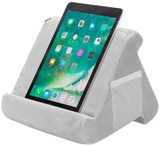 Tablet Kussen Grijs – 3 Kijkhoeken – Comfortabele Tablethouder & Standaard – Pillow Pad – Geschikt voor Tablet, Smartphone, Boek & E-reader – 29x23x26 cm