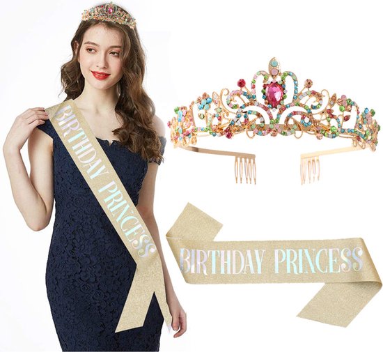 Verjaardag Prinses Sjerp en Tiara -Met text "Birthday Princess" -Een Betoverende Toevoeging aan Jouw Verjaardagsfeest-goud