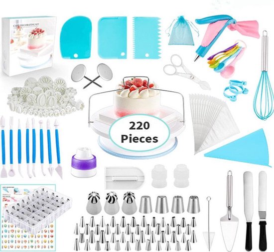 220delig- Luxe Cake & Taart Decoratie Set - 220-delig - Bakspullen - Taartversiering - Incl. Spuitzak Met Spuitmondjes Set – Taartplateau – Cupcake Vormpjes – Paletmes – Taartzaag – Cupcake Decoratie – Bakset