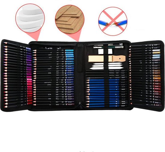 145-delige Tekenset: Grafiet, Houtskool, Olie, Draagtas