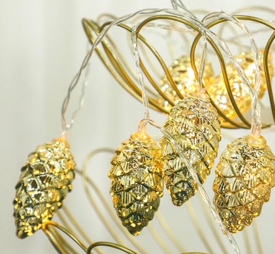 Kerstverlichting Gouden Dennenappels op Batterij – 2 Meter Lichtketting met 10 Sfeervolle Lampjes-Sfeervolle Feestdecoratie- Warm Wit Licht-goud