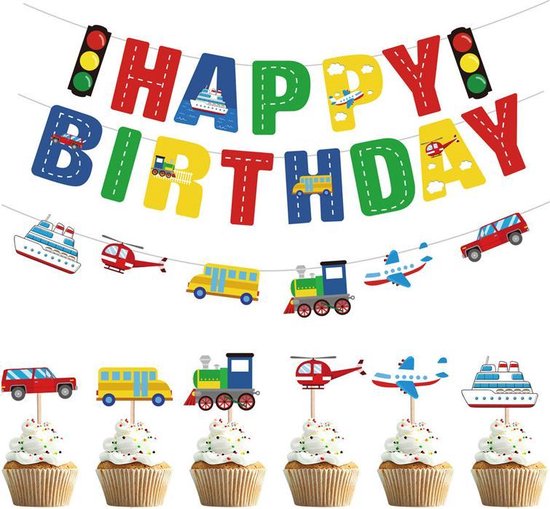 45 delig verjaardagset - Thema: Vervoer (Boot, Helikopter, Bus, Trein, Vliegtuig,  Auto) - Versiering voor feestjes, verjaardag
