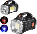 Multifunctionele LED zaklamp met Rood en Blauw Waarschuwingslicht- Perfect voor Outdoor, Kamperen, Wandelen - 1500mAh, 100m Bereik, Solar & USB Oplaadbaar-zwart/zilver