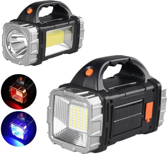 Multifunctionele LED zaklamp met Rood en Blauw Waarschuwingslicht- Perfect voor Outdoor, Kamperen, Wandelen - 1500mAh, 100m Bereik, Solar & USB Oplaadbaar-zwart/zilver