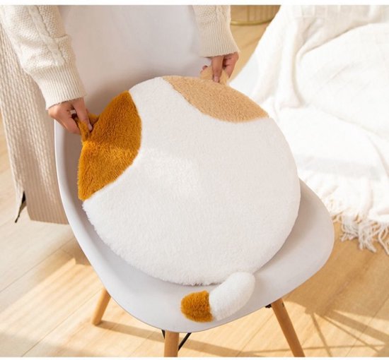 Rond Kussen Kat – 40×40 cm – Bruin/Wit Pluche Kussentje