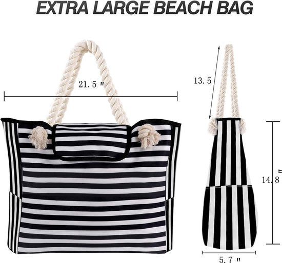 Waterbestendige strandtas zwart-wit 55x38x15cm met zakken