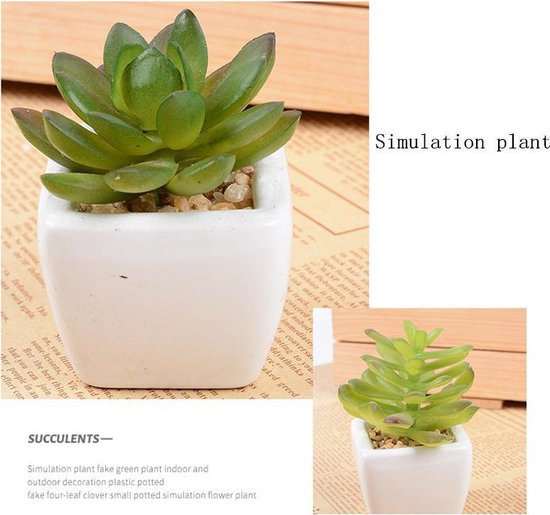 6x Kunstvetplantjes in Witte Keramieken Potjes - 8 cm