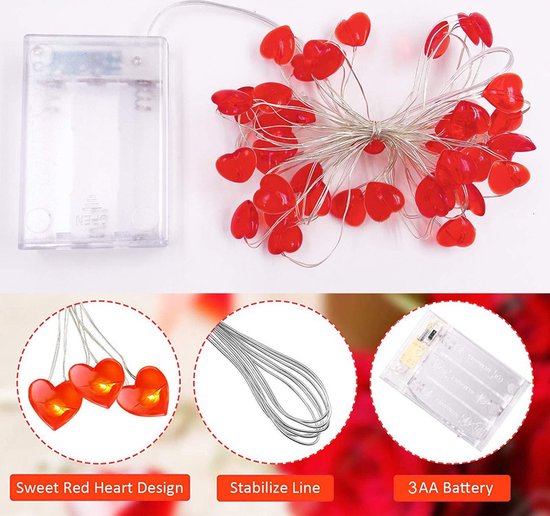 Valentijnsdag decoratie -Rood Hart Liefde Licht Snoer- Fairy Lights-2 Meter 20 Lichten met Afstandsbediening