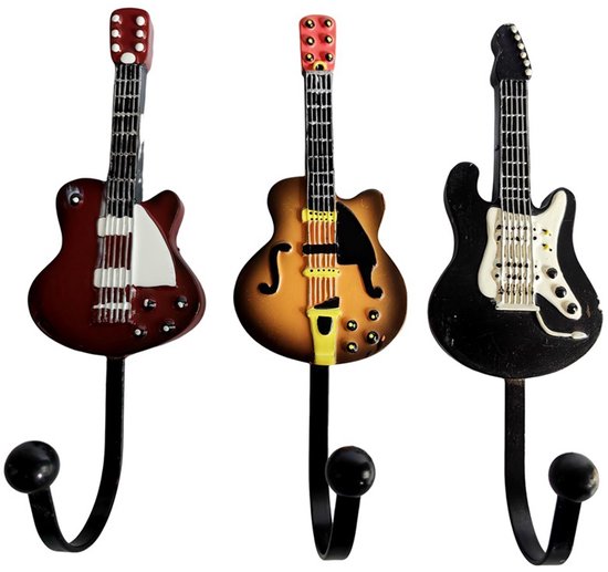 Gitaar Kapstokhaken Set – 3-pack – Metaal – Zwart – Decoratieve Wandhaken Muziek – Kapstokhaak Gitaarvorm