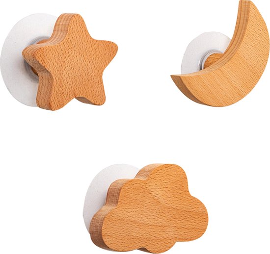3 stuks Beukenhouten Kapstokhaken – Ster, Maan & Wolk – afbeelding 7