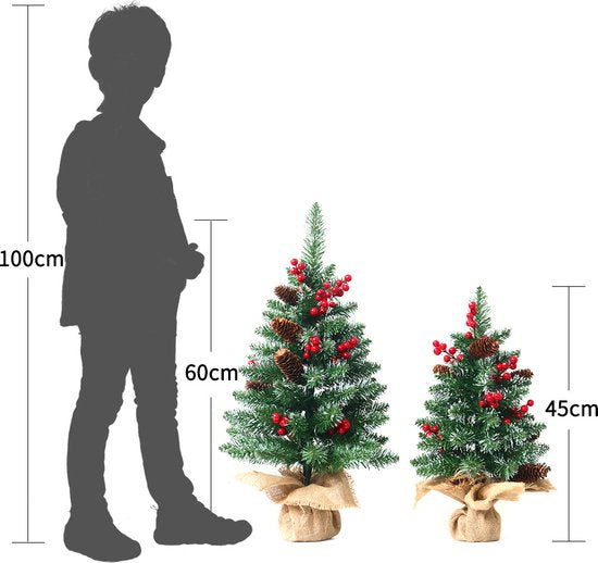 Luxe Mini Kerstboom – Met 1.5meter Warme LED Verlichting, Dennenappels en Rode Bessen – Sfeervolle Kerstdecoratie-45 cm