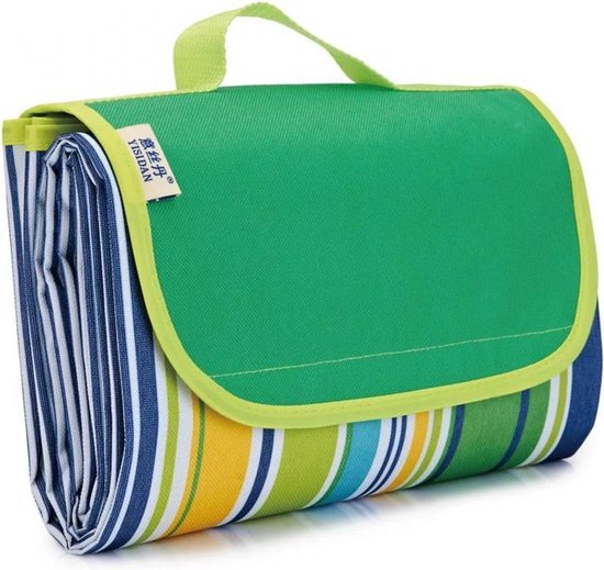 Picknickkleed / Strandkleed - 195x200 cm - voor 4 tot 6 personen - Opvouwbaar als handige tas - Zandbestendig & waterdicht & zandvrij - voor strand, park, kamperen, wandelen, familieconcerten, picknicken, etc. - grasgroen strip