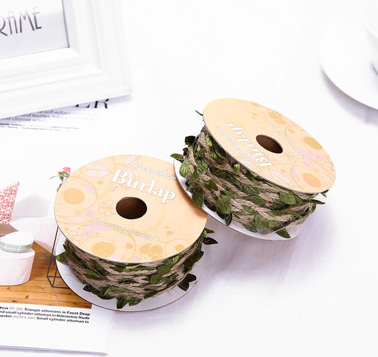 4 Rollen Olijfgroen Jute Touw met Bladeren Patroon - 10m