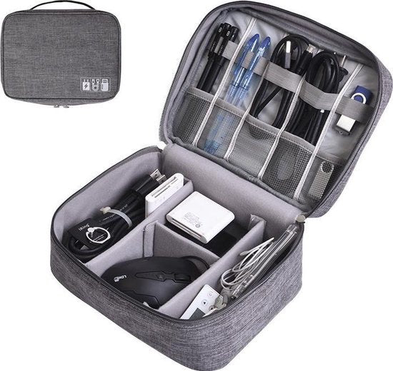 TDR - Kabel Tasorganizer -  Reis / Travel Organizer - voor datakabels, koptelefoon, oplader, etc - 25x19x10cm - Veel vakjes - Gadget - Grijs