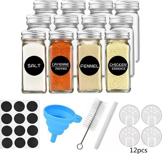 12-delige Glazen Kruidenpotten Set met Aluminium Deksel -Inhoud 120 ml - Inclusief Handige Accessoires