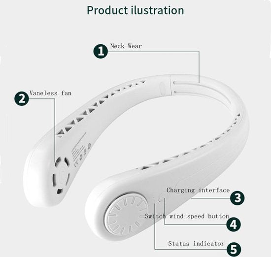 Merkloos USB Nekventilator, 6u Batterij, Wit