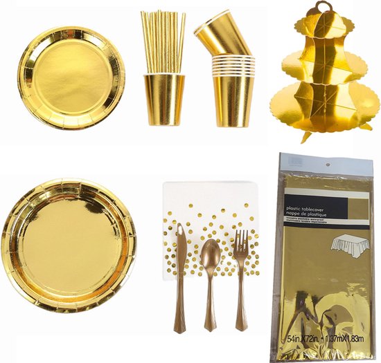 82 Stuks Wit Goud Partyserviesset- Feest Decoratieset -Verjaardag - Bruiloft-feestdecoratie met borden , tafelkleed en etagère 3 laags