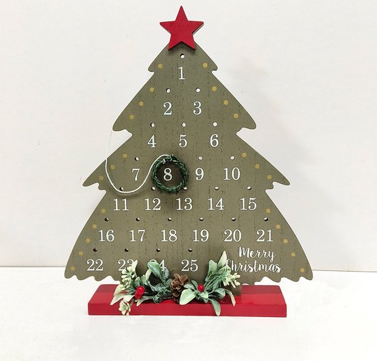 Houten Kerstboom Adventskalender - Aftelkalender met Krans en Decoratie - Sfeervolle Kerstdecoratie- 25x29,5 cm