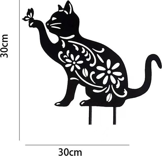 Metalen tuinsteker kat met vlinder - zwarte decoratie