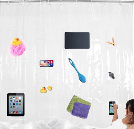 TDR Douchegordijn met 12 Vakjes voor Mobiel en Tablet