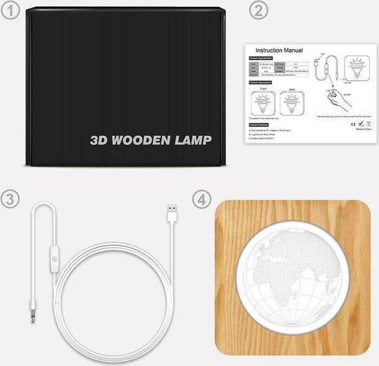 Houten Tafellamp / Nachtlamp - LED - 3D - Wereldbol figuur