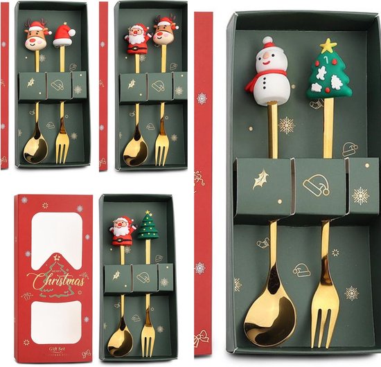 4 delige (8 stuks) Luxe Kerst Bestekset – Theelepels & Vorken met Unieke Kerstfiguren – Feestelijk Cadeau-goud