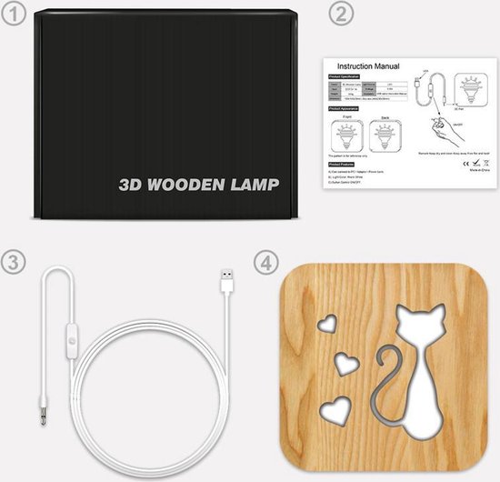 Lamp - 19cm - Tafellamp - Lamp - LED en One touch control - Houten Tafellamp - Kat figuur