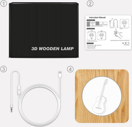 Houten Tafellamp / Nachtlamp - LED - 3D - Gitaar figuur