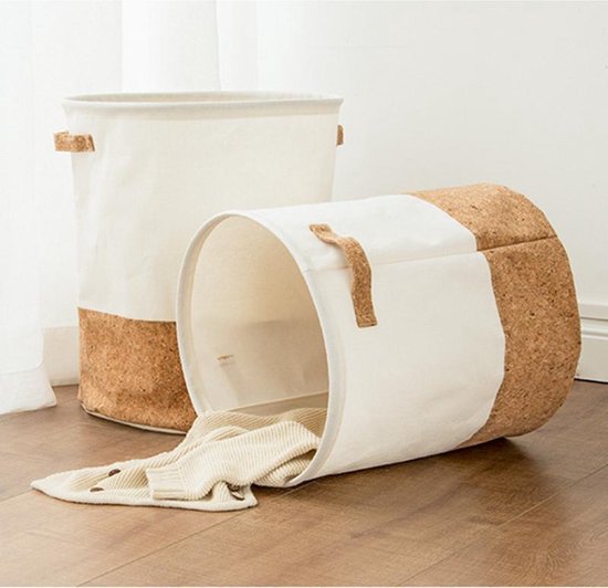 TDR - Katoenlinnen Opbergmand - Waterafstotende Binnenlaag - Speelgoedmand, Wasmand, handvaten , Opvouwbaar - 49 Liter - Wit & Kurk