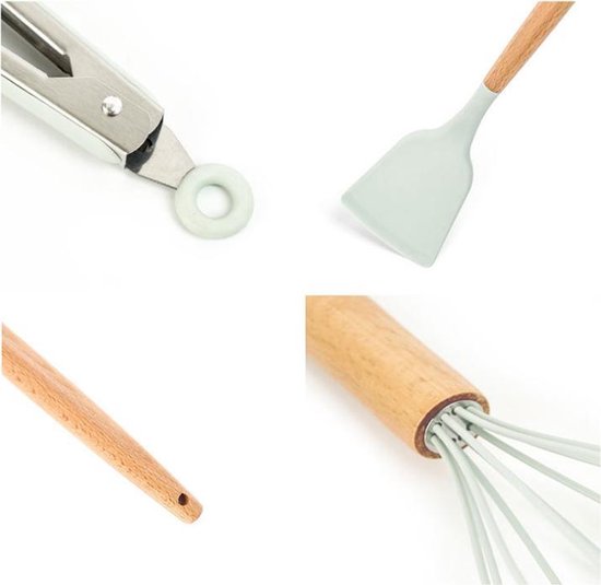 TDR - Kookgerei set met Houder 11-delig - Hout met Siliconen-lichtgroen